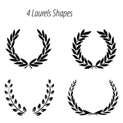 Four laurel wreath designs in black and white showing different shapes and arrangements of the laurel leaves