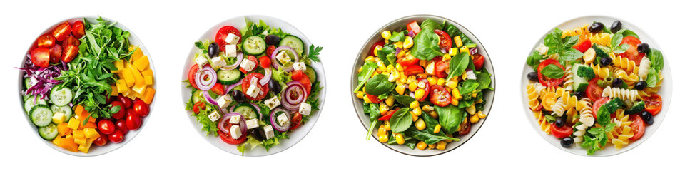 PNG Colorful fresh salads in bowls, element set on transparent background
