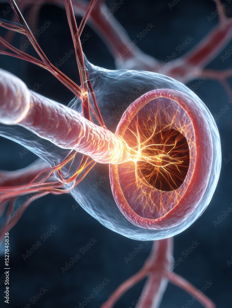 Poster Detailed 3D Rendering of Optic Nerve and Eye Anatomy With a Futuristic Glow, Showcasing Intricate Neural Pathways and Veins