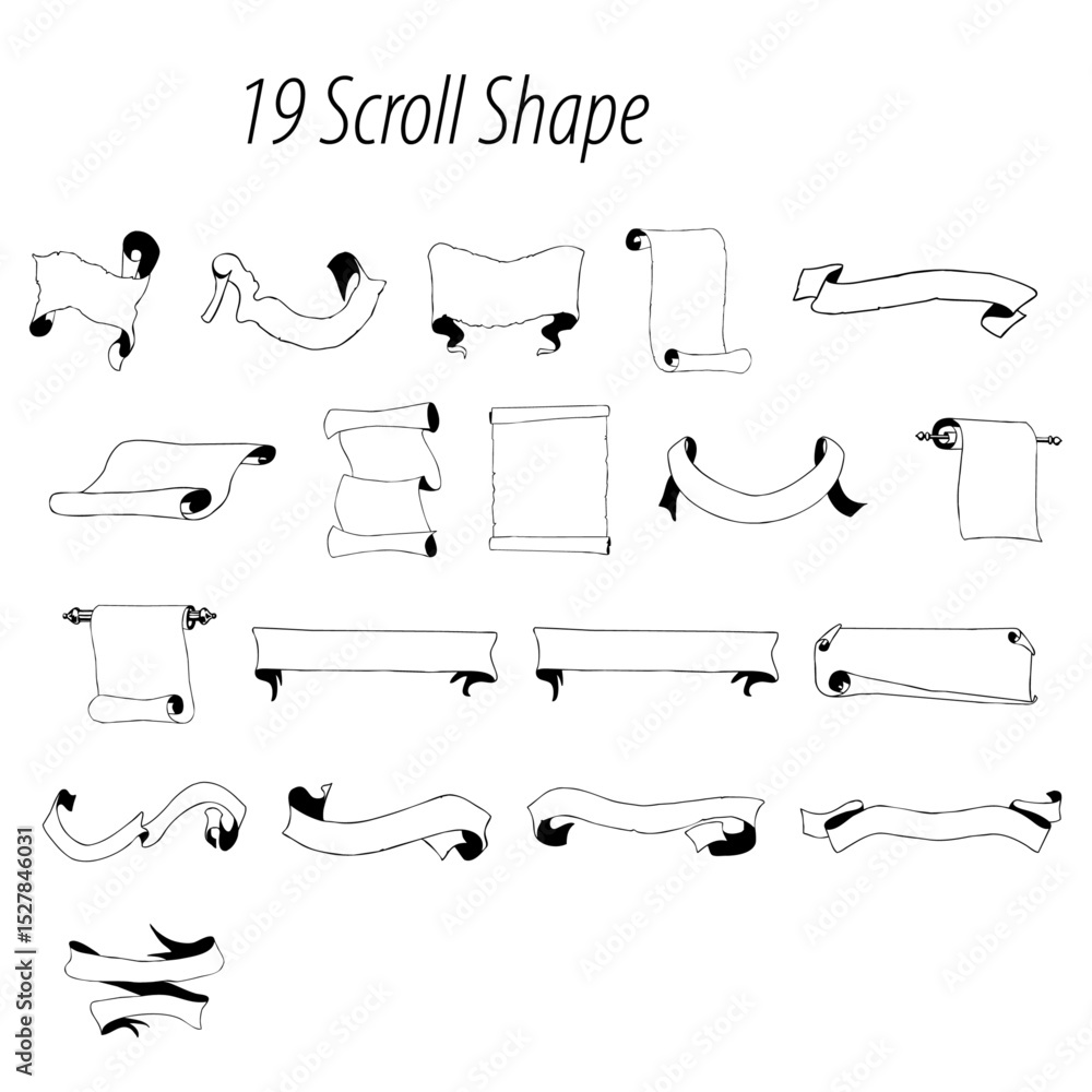 Poster illustration showing a collection of nineteen different scroll and banner shapes in black and white 