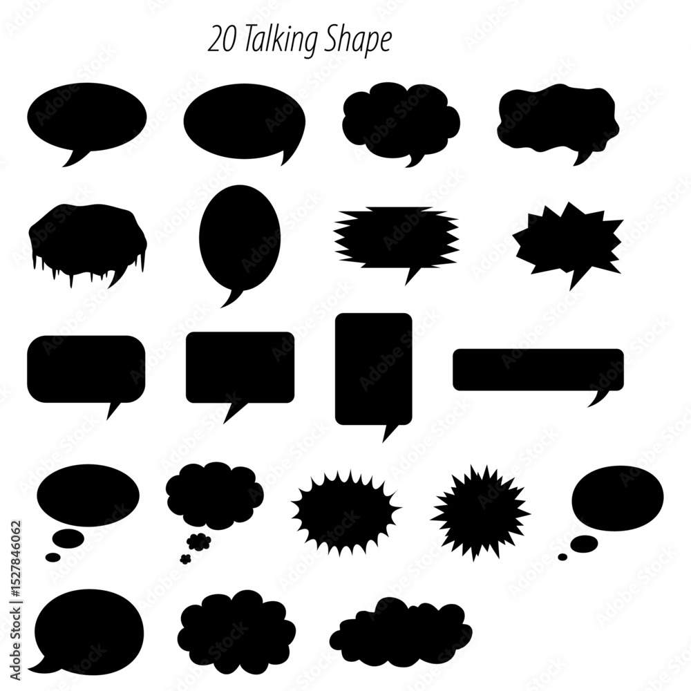 Poster collection of twenty black speech bubbles with various shapes and styles arranged in a grid pattern
