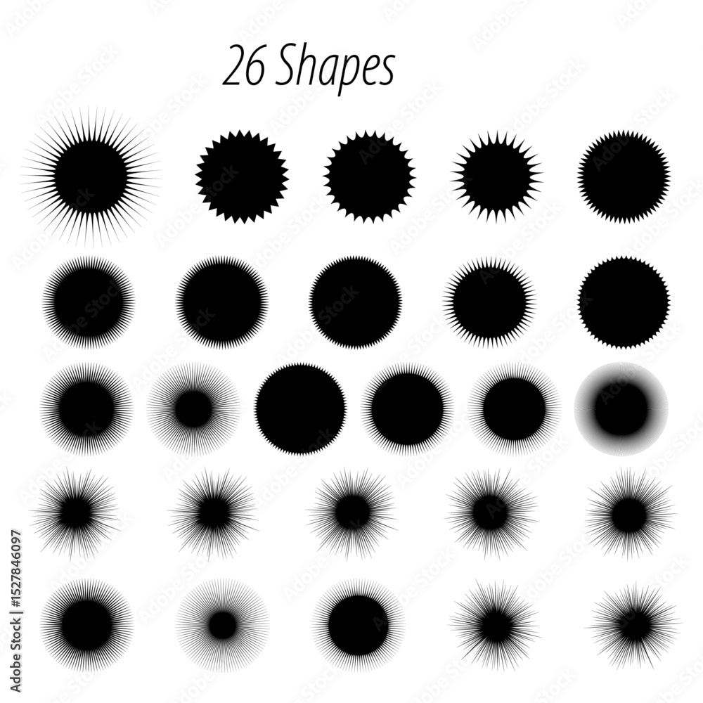 Poster illustration of twenty six abstract circular shapes with varying edges and internal patterns on whit