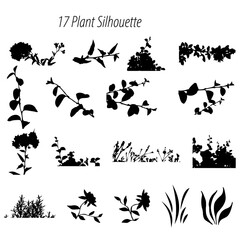 Collection of seventeen plant silhouettes featuring various leaves stems and floral arrangements in black and white