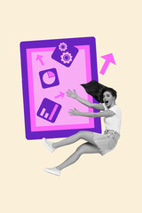 Sketch vertical photo collage of happy businessman businesswoman stand office noticeboard gearwheel arrow chart progress chance