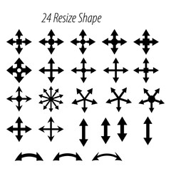 Collection of twenty four black arrow shapes pointing in various directions on a white background design