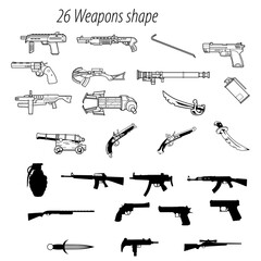 Illustration showing a collection of twenty six weapons including guns swords and a hand grenade in black and white