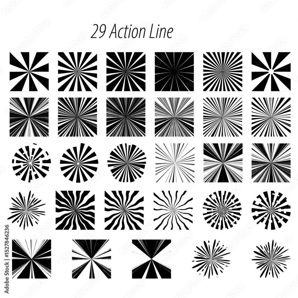 Poster collection of twenty nine black and white action line graphics with radial and burst designs in a gr