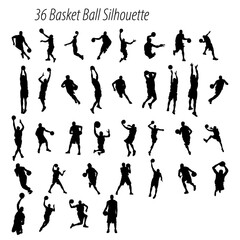 Collection of thirty six basketball player silhouettes in various poses dribbling shooting and jumping action