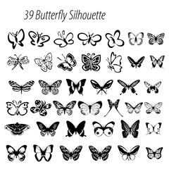 Collection of thirty nine butterfly silhouettes in various shapes and sizes with intricate wing patterns