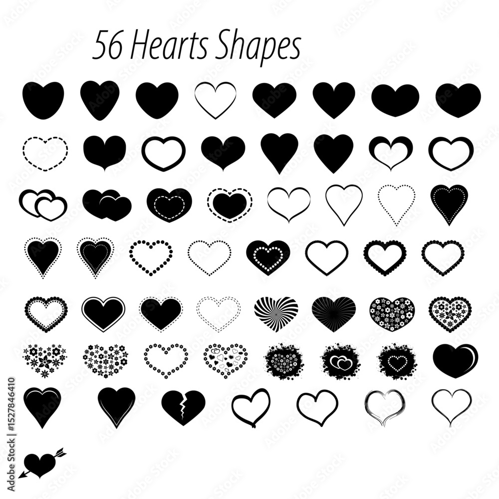 Poster collection of fifty six heart shapes in various styles and designs arranged in rows on a white backg