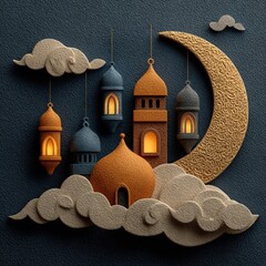 Islamic greeting card for Eid al-Adha celebration with lanterns and crescent moon