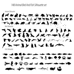 Collection of animal bird and fish silhouettes including mammals reptiles birds and marine life art set