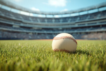 Baseball ball on well-maintained grass, partially obscured view of a crowded stadium, fair weather, blue sky with scattered clouds, daytime, no visible text, realistic style - AI-Generated