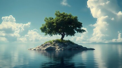 A solitary tree on a tiny island reflects in tranquil water under a bright sky filled with clouds.