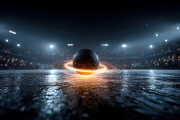 Obraz premium A dynamic, digitally manipulated ice hockey scene in low lighting Focus is on a skating player and mid-air puck emitting light bursts, with an isolated, cinematic perspective emphasizi - AI-Generated