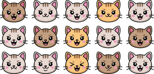 Cartoon cat emoji faces with different expressions, cute tabby kittens vector illustration, animal emotion icons, kawaii pet character art