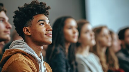 Obraz premium A teenager listening intently to a motivational speaker, showcasing the influence of positive messages on impressionable individuals