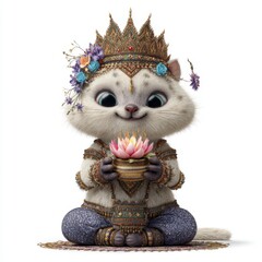 Adorable cartoon character in traditional attire holding colorful lotus flower, surrounded by floral decorations and cultural elements
