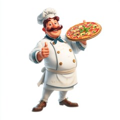 Cheerful cartoon chef proudly presenting a delicious pizza with fresh ingredients, showcasing culinary creativity and joy