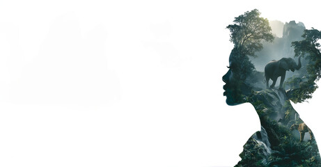 Silhouette of a female head with an elephant in the jungle on white background. Environmental, ecology and wildlife concept. Double exposure illustration for banner with copy space 