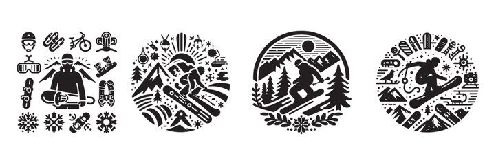 Snowboarding elements vector silhouette