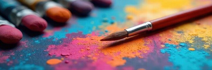 Fototapeta premium Close-up of a paintbrush resting on a vibrant, colorful palette, surrounded by tubes of oil paint and a canvas , design, colors