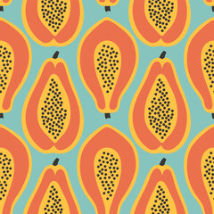 Papaya summer pattern on blue background. Simple seamless pattern with papayas. Vector design for greeting card and invitation of seasonal summer holiday