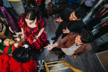 A rehearsal backstage in a theater featuring young actors discussing costumes and props. The image...