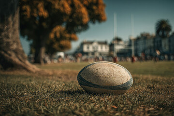 Clear blue sky, scattered clouds, grassy field, rugby ball, intricate design, yellowing trees, urban sporting complex or park, buildings, distant people, late afternoon or early morning - AI-Generated