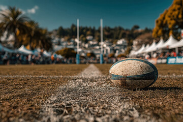 A rugby ball is resting near the center of a field, with goal posts in the background Audience fills the upper half, and trees are visible in the far background The image suggests lat - AI-Generated
