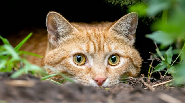 Close-up of an orange tabby cat peeking through green foliage in a natural setting