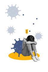Exclusive image vertical photo collage of unhappy girl sit bacterium molecule covid virus treatment certificate illness concept