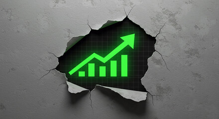 A vibrant green upward trending graph bursts through a cracked concrete wall, symbolizing growth, breakthrough, and overcoming obstacles.