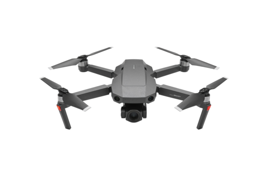 A gray drone with four propellers and a camera is centered on a black background in a studio shot on transparent background