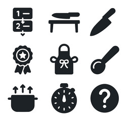 Culinary Training Icons. Solid, filled icons set of beginner culinary training: step-by-step icon, prep table,