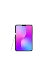 Tablet device with colorful screen and stylus pen on a black background in a studio shot on transparent background