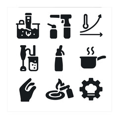 Advanced Cooking Icons. Solid, filled icons set of advanced cooking techniques workshops: sous vide machine,
