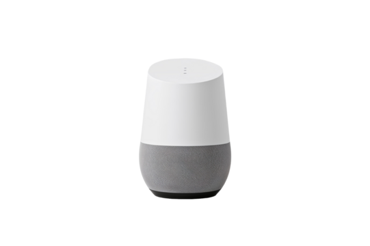 A close up shot of a google home device with a white top and a gray fabric bottom on black background on transparent background