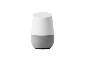 A studio shot of a google home device with a gray fabric base and white top on a black background on transparent background