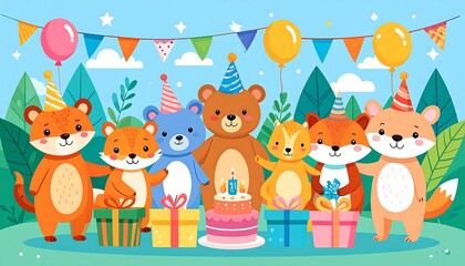 Obraz premium Cartoon animal birthday party illustration for kids and children happy celebration design background generative ai 