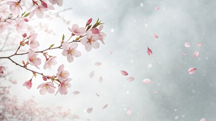 Delicate branches of cherry blossoms with falling petals and soft grey sky