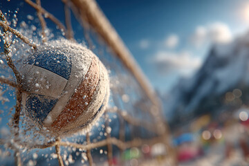 Close-up view of a sandy volleyball court with mountains in the background, under a clear sky Blurred figures in action on the court around a brown and blue volleyball covered in sand - AI-Generated