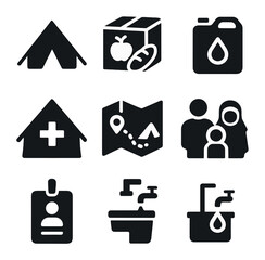 Fototapeta premium Refugee Camp Icons. Solid, filled icons set of refugee camps: tent shelter, food ration box, water container,