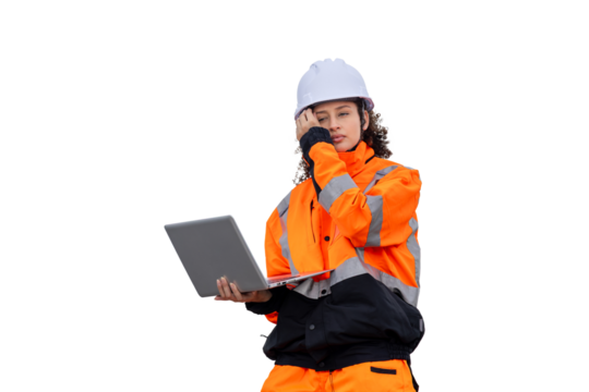 Pensive Engineer with Laptop on Site, Female Construction Worker Analyzing Data Outdoors, Young Professional in Safety Gear Working Remotely