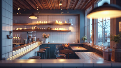 Cozy coffee shop interior featuring wooden decor and warm lighting atmosphere