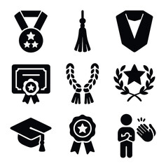 Graduation Honors Icons. Solid, filled icons set of graduation honors and distinctions: summa medal, gold