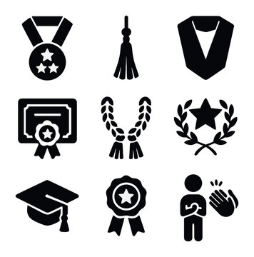 Graduation Honors Icons. Solid, filled icons set of graduation honors and distinctions: summa medal, gold