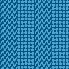 Seamless pattern with hand drawn wavy and dot lines on dark blue background. Scribbled isolated circles in monochromatic geometric endless backdrop great for wallpaper, fabric or textile print