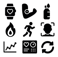 Quantified Self Icons. Solid, filled icons set of quantified self tracking: smart watch, blood glucose sensor,
