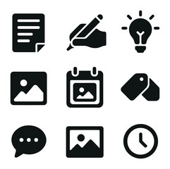 Blog Icon Set. Solid, filled icons set of blog content creation: blog post icon, writing hand, idea bulb,